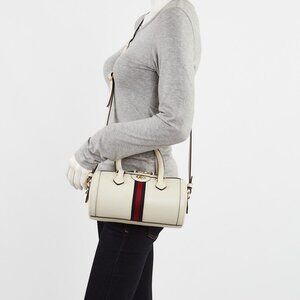 Gucci White Pebbled Leather Small Ophidia Boston Bag